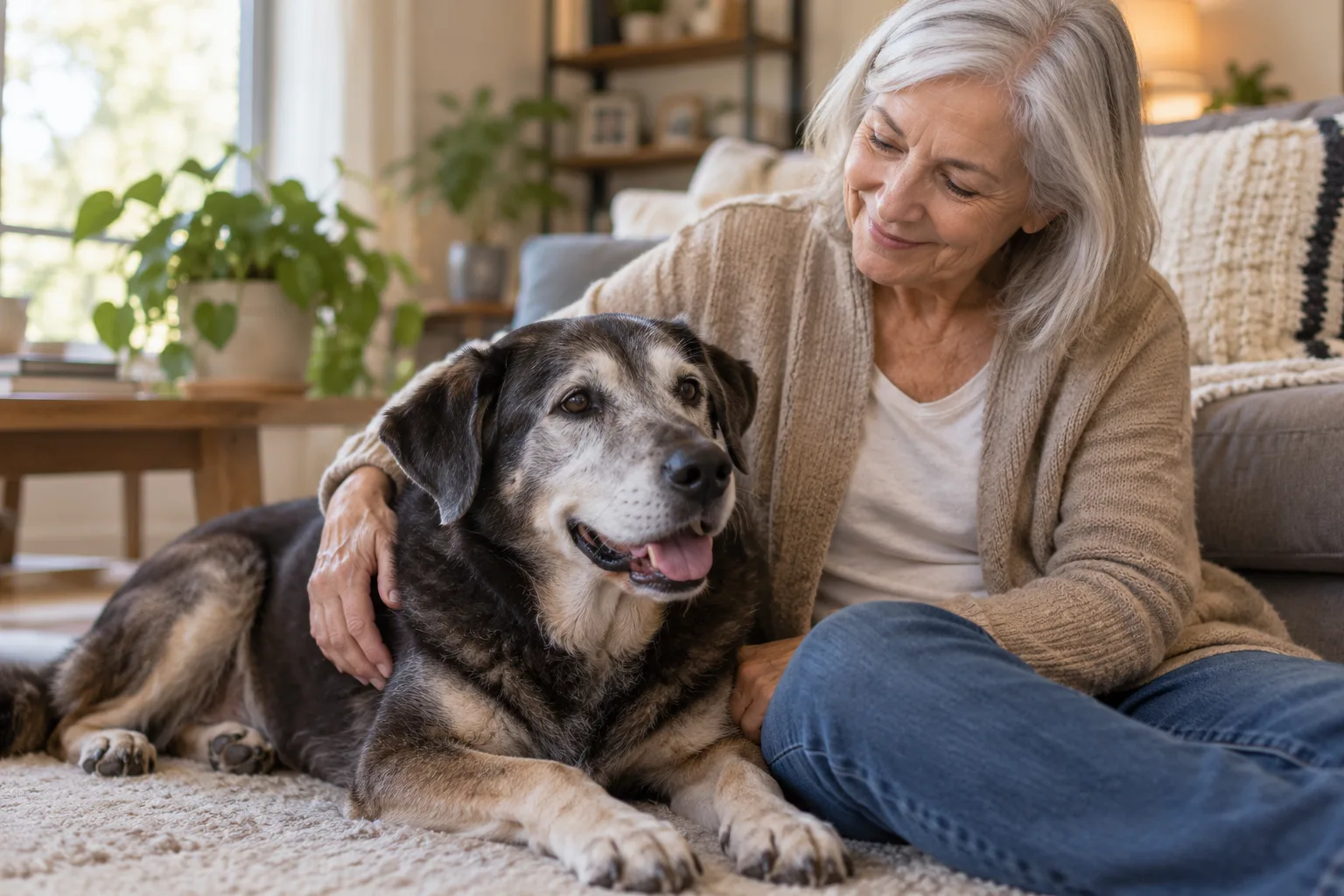 Owner seated with a gray-muzzled dog at home
